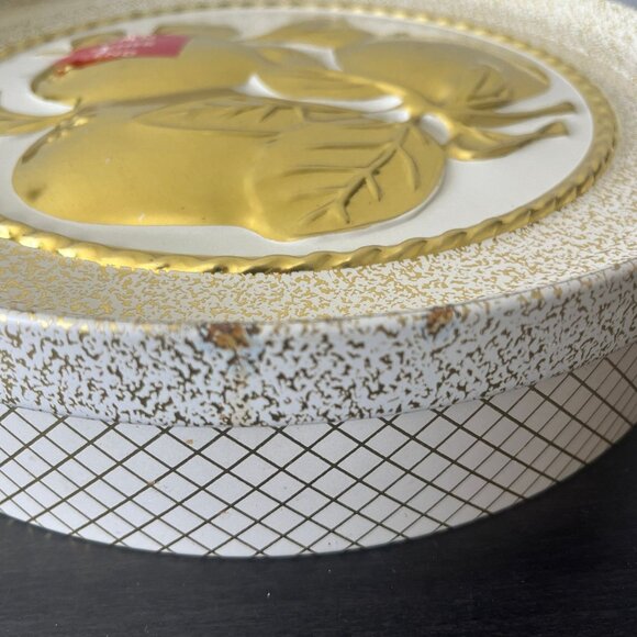 Large Round Embossed Fruit Metal Tin // Gold Speckle // 10" Diameter - Picture 8 of 8
